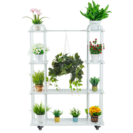 Tec Space 4 Tier White Metal Plant Stand With Wheels for Plants Display Rack