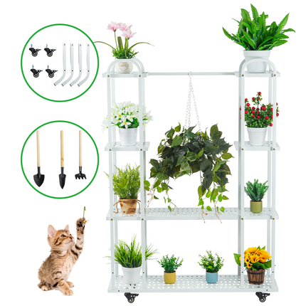 Tec Space 4 Tier White Metal Plant Stand With Wheels for Plants Display Rack
