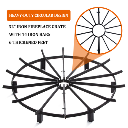 TECSPACE 32in Iron Fire Grate, Fireplace Log Grates Burning Rack, Wagon Wheel Firewood Grate with 6 Legs for Chimney, Hearth Wood Stove