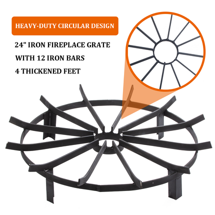 TECSPACE 24in Iron Fire Grate, Fireplace Log Grates Burning Rack, Wagon Wheel Firewood Grate with 4 Legs for Chimney, Hearth Wood Stove