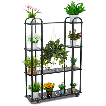 Black 4 Tier Vertical Metal Plant Stand Indoor with Wheels for Indoor Plants