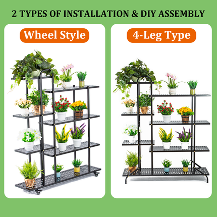 4 Tier Tiered Plant Stand Metal w Wheels Movable Black Plant Display Rack
