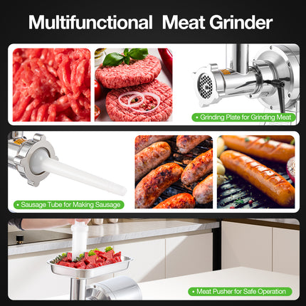 TECSPACE 1.5 HP 1100W Commercial Meat Grinder Heavy Duty, 550 LBS/H Food Grade 304 Stainless Steel Electric Meat Grinder with 5 Grinding Plates, 2 Blades, Meat Pusher, Sausage Tube