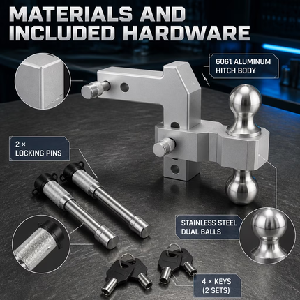 Adjustable Aluminum Drop Hitch,Fits 2"Receiver,4"Drop/Rise,20,000 lbs GTW,Dual-Ball Trailer Hitch with 2"&2-5/16"Stainless Steel Tow Balls & Double Locking Pins for Truck SUV