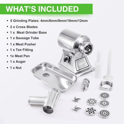 TECSPACE 1.5 HP 1100W Commercial Meat Grinder Heavy Duty, 550 LBS/H Food Grade 304 Stainless Steel Electric Meat Grinder with 5 Grinding Plates, 2 Blades, Meat Pusher, Sausage Tube