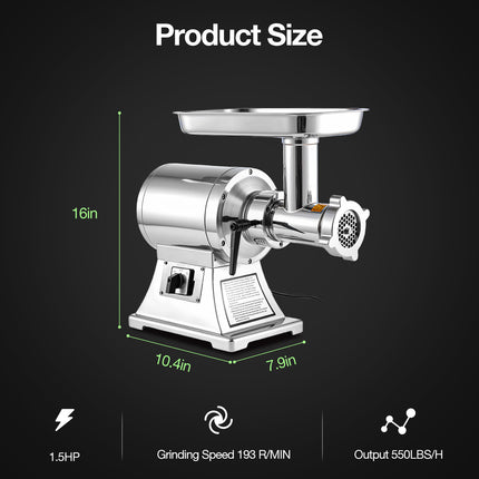 TECSPACE 1.5 HP 1100W Commercial Meat Grinder Heavy Duty, 550 LBS/H Food Grade 304 Stainless Steel Electric Meat Grinder with 5 Grinding Plates, 2 Blades, Meat Pusher, Sausage Tube