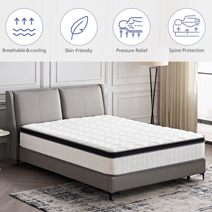 12 Inch Queen Hybrid Mattress, Medium Firm Gel Memory Foam & Pocket Coils, Cooling Breathable Cover with Fire Barrier, Pressure Relief for Back Pain, Bed in a Box