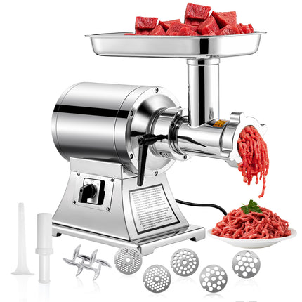 TECSPACE 1.5 HP 1100W Commercial Meat Grinder Heavy Duty, 550 LBS/H Food Grade 304 Stainless Steel Electric Meat Grinder with 5 Grinding Plates, 2 Blades, Meat Pusher, Sausage Tube
