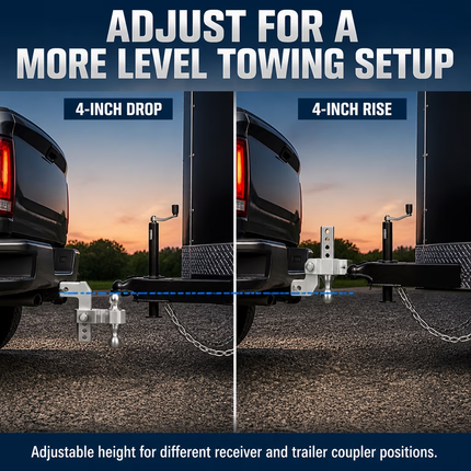 Adjustable Aluminum Drop Hitch,Fits 2"Receiver,4"Drop/Rise,20,000 lbs GTW,Dual-Ball Trailer Hitch with 2"&2-5/16"Stainless Steel Tow Balls & Double Locking Pins for Truck SUV