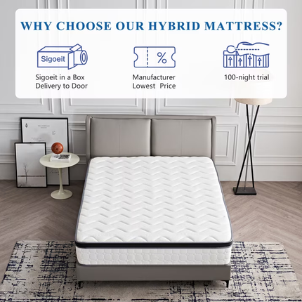 12 Inch Queen Hybrid Mattress, Medium Firm Gel Memory Foam & Pocket Coils, Cooling Breathable Cover with Fire Barrier, Pressure Relief for Back Pain, Bed in a Box