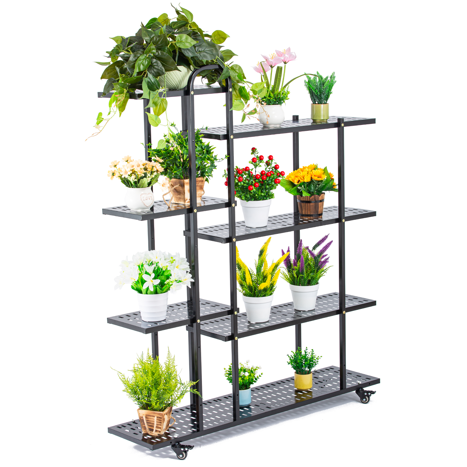 4 Tier 47.2 x 11.0 in Tiered Plant Stand Metal w Wheels Movable Black ...