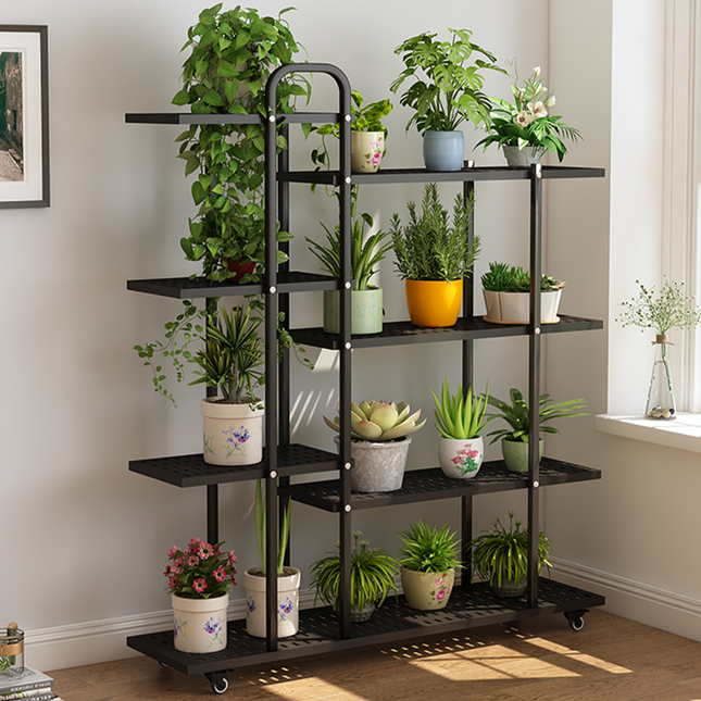 4 Tier Tiered Plant Stand Metal w Wheels Movable Black Plant Display Rack
