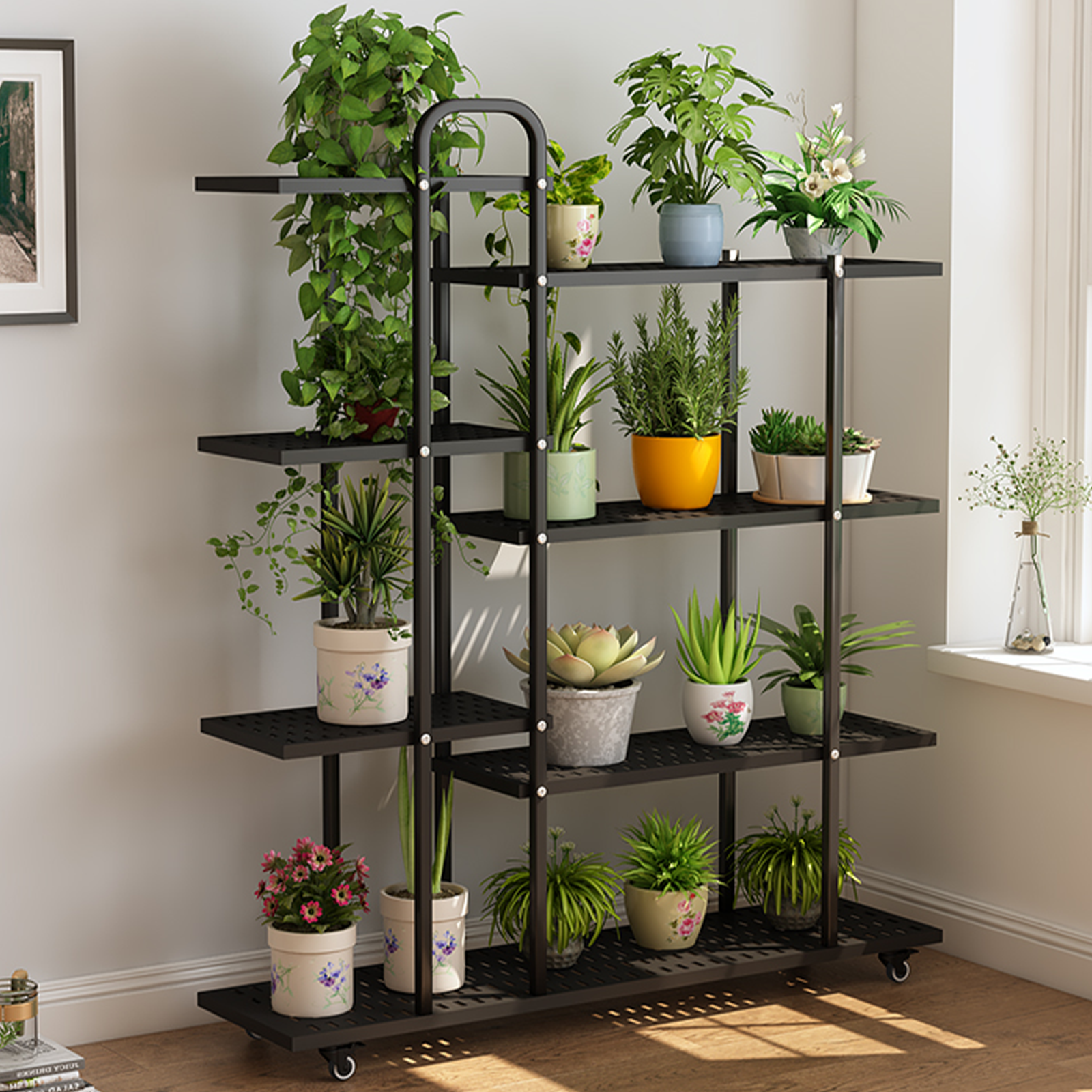 plant rack design metal 4 Tier 47.2 x 11.0 in Tiered Plant Stand Metal w Wheels Movable Black – Tecspace