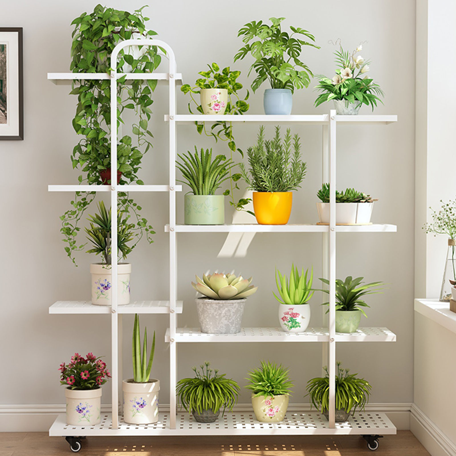 white indoor plant stands 4 Tier White Movable Metal Plant Stand for Indoor Plants – Tecspace