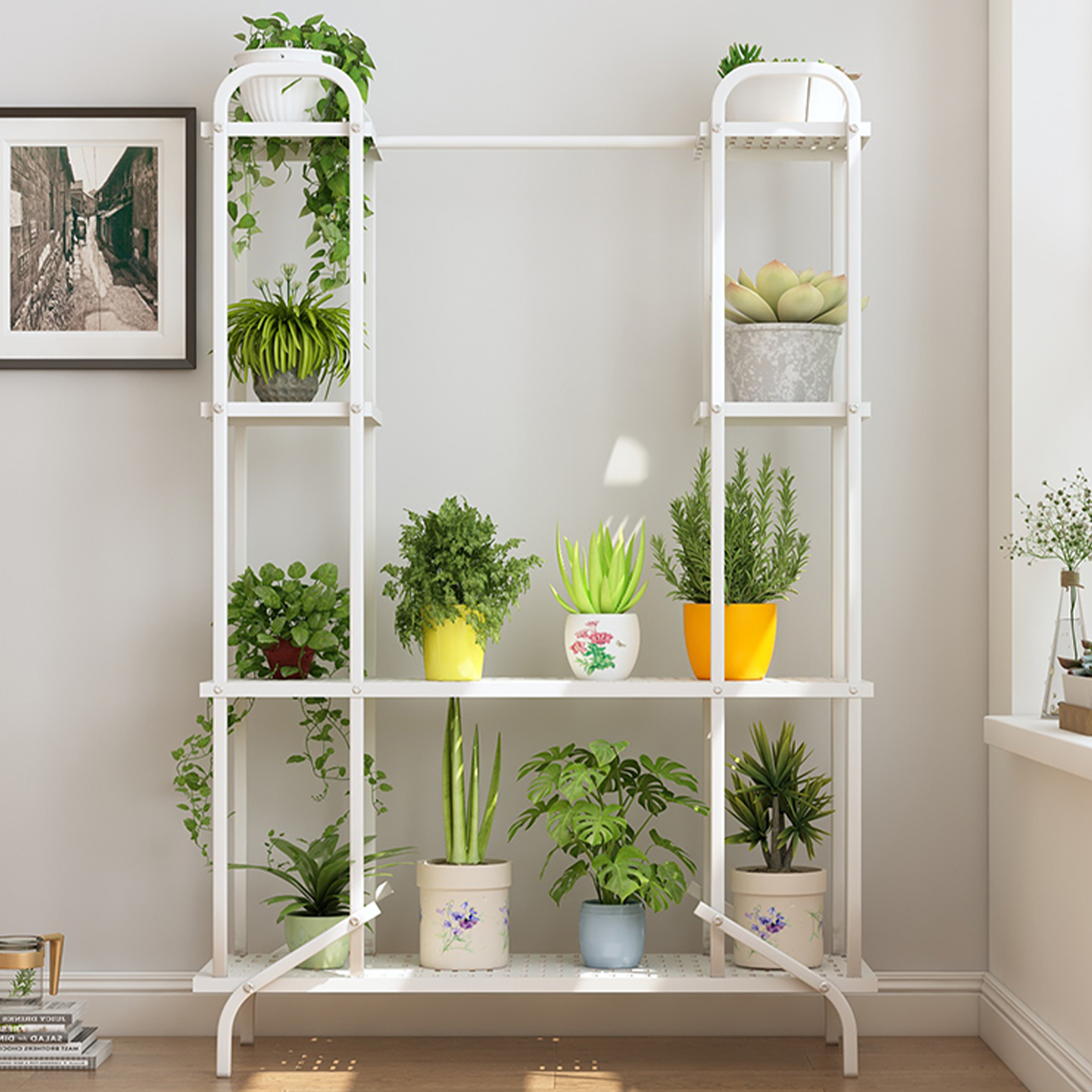 plant racks on wheels 4 Tier White Metal Plant Stand With Wheels for Plants Display Rack – Tecspace